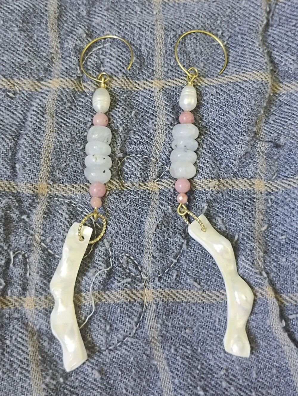 Dreamy Pearl, Rainbow Moonstone, and Pink Stones Shell Statement Earrings